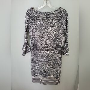 Peach Velvet Flared Sleeve Knee Length‎ Dress Floral Black White New Size 8